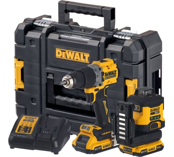 Аккумуляторный набор Dewalt DCK2095D2T, 18 В: дрель-шуруповерт DCD805 + нивелир DCLE34031, с 2 АКБ 2 Ач и ЗУ, в кейсе TSTAK DCK2095D2T-QW