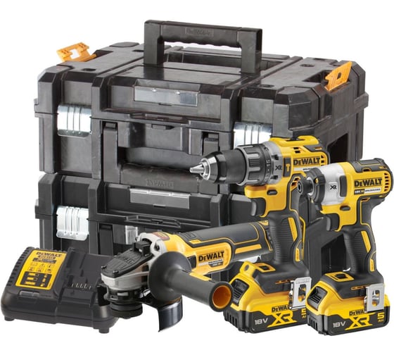 Аккумуляторный набор Dewalt DCK384P2T, 18 В: дрель DCD796 + шуруповерт DCG405 + УШМ DCG405, с 2 АКБ 5 Ач и ЗУ, в 2 кейсах TSTAK DCK384P2T-QW