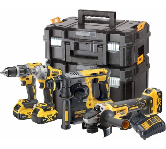 Аккумуляторный набор Dewalt DCK428P3T, 18 В: дрель-шуруповерт + гайковерт + УШМ + перфоратор, с 3 АКБ 5 Ач и ЗУ в 2 кейсах TSTAK DCK428P3T-QW