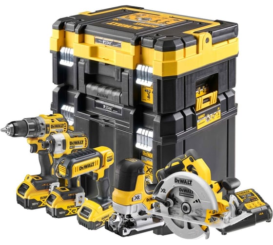 Аккумуляторный набор Dewalt DCK500P3T, 18 В: дрель + шуруповерт + пила + лобзик + фонарь, с 3 АКБ 5 Ач и ЗУ, в 2 кейсах TSTAK DCK500P3T-QW