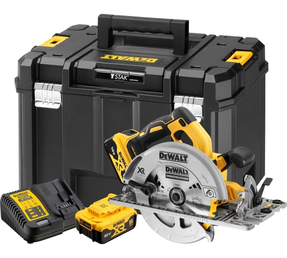 Аккумуляторная дисковая пила Dewalt DCS572P2, 18 В, 184 мм, 5500 об/мин, с 2 АКБ 5 Ач и ЗУ, в кейсе TSTAK DCS572P2-QW