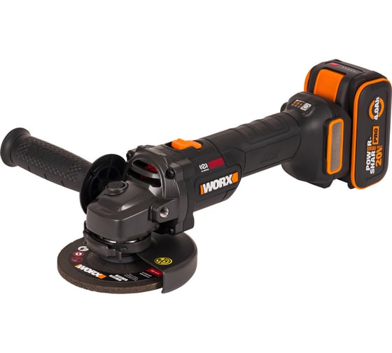Угловая шлифмашина бесщёточная аккумуляторная WORX 115мм, 20В, 4Ач х1, ЗУ 2А WX815