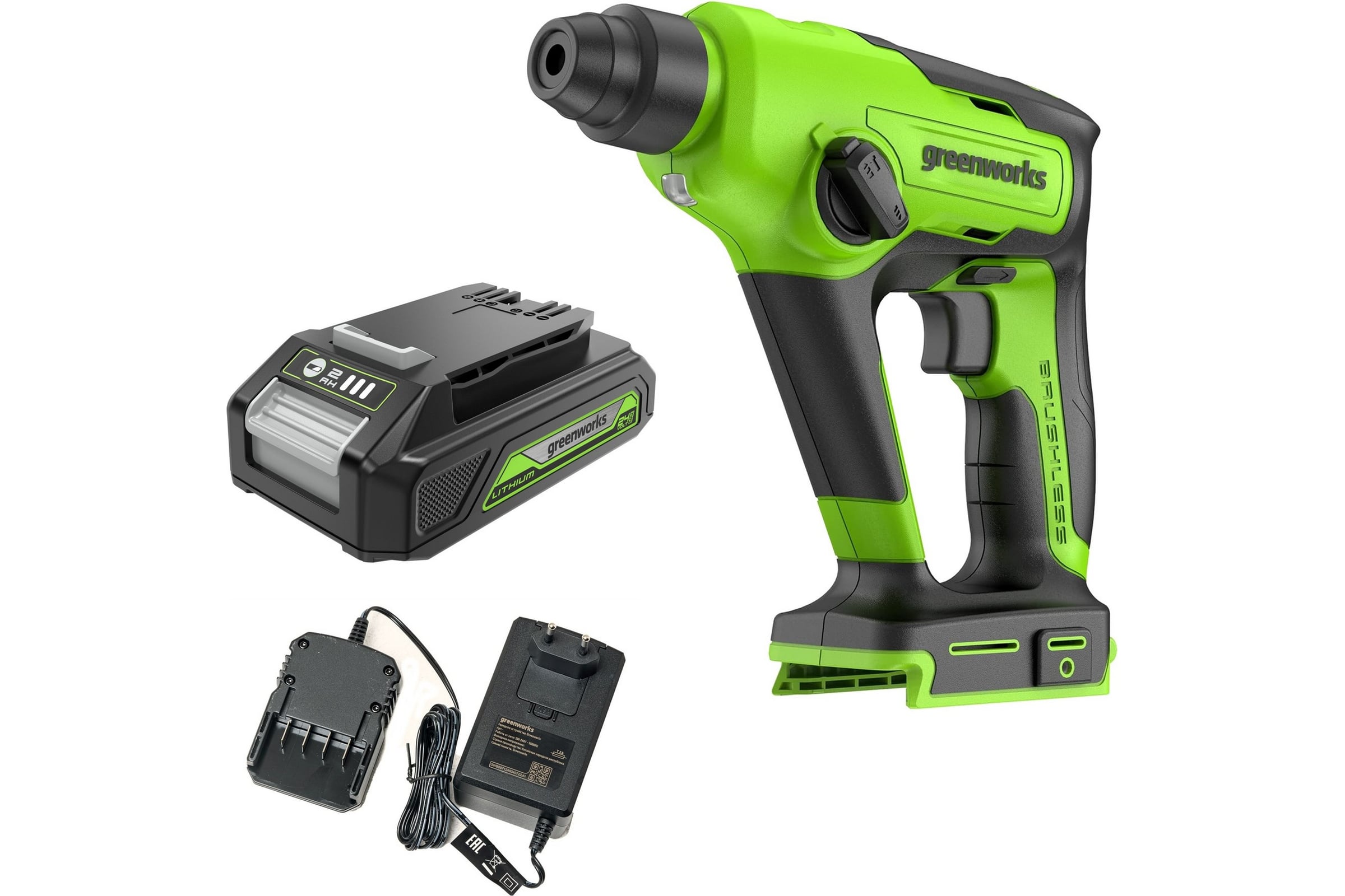 Перфоратор аккумуляторный бесщеточный GreenWorks GD24SDS1K2, 1,2 ДЖ, 24V, c АКБ 2Ач и ЗУ, 3803107UA — фото 3