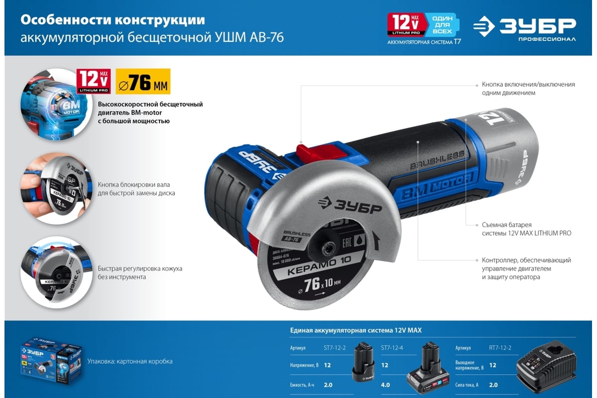Бесщеточная угловая шлифмашина ЗУБР Профессионал 12 В, без АКБ, в коробке  AB-76 - выгодная цена, отзывы, характеристики, 1 видео, фото - купить в  Москве и РФ