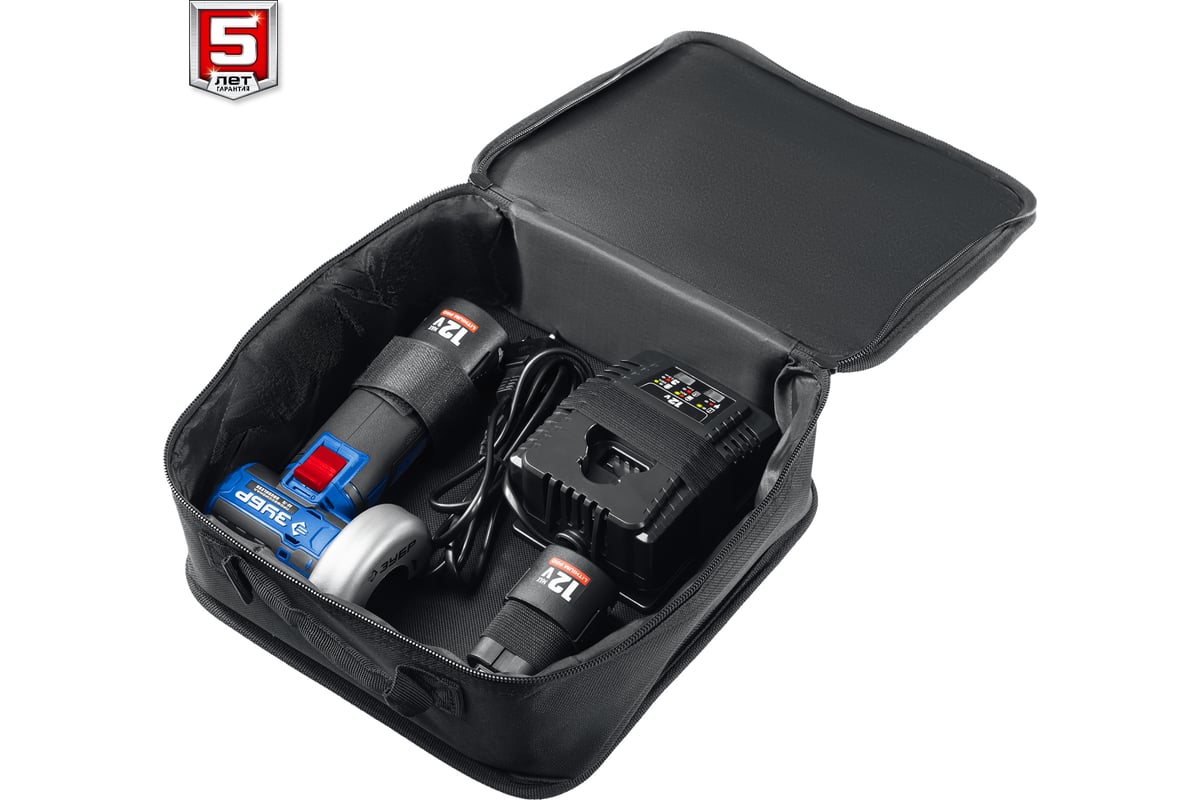 Бесщеточная угловая шлифмашина ЗУБР Профессионал 12 В, 2 АКБ, в сумке ...