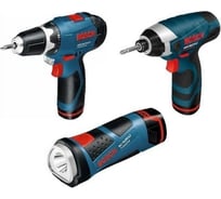 Набор инструментов: аккумуляторная дрель-шуруповерт Bosch GSR 10.8-2-LI + аккумуляторный ударный винтоверт Bosch GDR 10.8-LI + аккумуляторный фонарь Bosch GLI 10.8V-LI 0.615.990.EV6