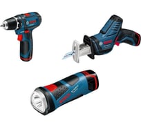 Набор инструментов: аккумуляторная дрель-шуруповерт Bosch GSR 10.8-2-Li + аккумуляторная ножовка Bosch GSA 10.8 V-Li + аккумуляторный фонарь Bosch GLI 10.8 V-Li 0.615.990.EV8
