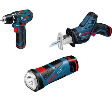 Набор инструментов: аккумуляторная дрель-шуруповерт Bosch GSR 10.8-2-Li + аккумуляторная ножовка Bosch GSA 10.8 V-Li + аккумуляторный фонарь Bosch GLI 10.8 V-Li 0.615.990.EV8