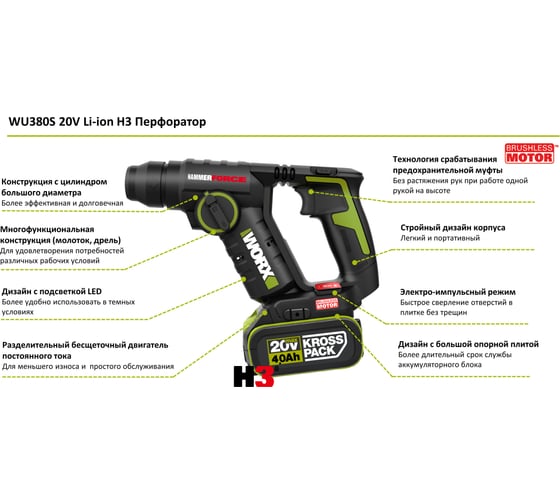 Аккумуляторный бесщеточный перфоратор WORX Professional WU380S