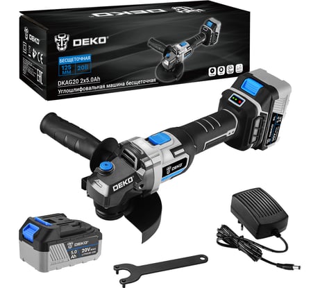 Углошлифовальная бесщеточная машина DEKO DKAG20, 20В, 2х5.0Ач 063-4028