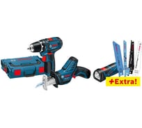 Набор аккумуляторного инструмента Bosch 3 в 1: дрель-шуруповерт GSR 10,8-2-LI + сабельная ножовка GSA 10,8 V-LI + фонарь GLI PowerLED + 8 пильных полотен для GSA 0.615.990.G02