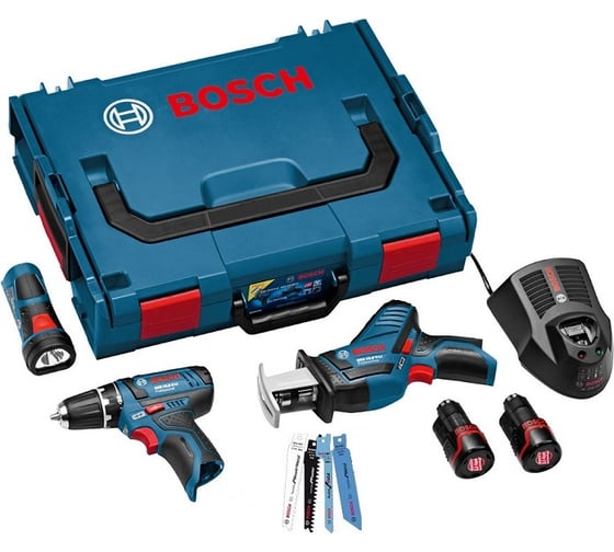Набор аккумуляторного инструмента Bosch 3 в 1: дрель-шуруповерт GSR 10,8-2-LI + сабельная ножовка GSA 10,8 V-LI + фонарь GLI PowerLED + 8 пильных полотен для GSA 0.615.990.G02