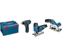 Набор аккумуляторного инструмента Bosch 3в1: дрель-шуруповерт GSR 10,8-2-LI + лобзик GST 10,8 V-LI + циркулярная пила GKS 10,8 V-LI 0.615.990.G07