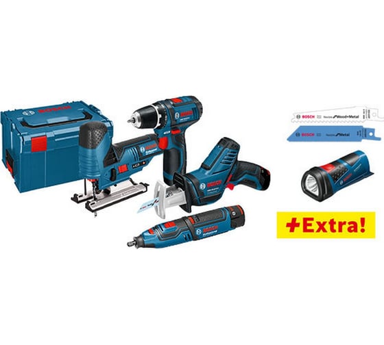 Набор аккумуляторного инструмента Bosch 5 в 1: GSR 10,8-2-LI + GST 10,8 V-LI + GSA 10,8 V-LI + GRO 10,8 V-LI + GLI PowerLED 0.615.990.G0D 1