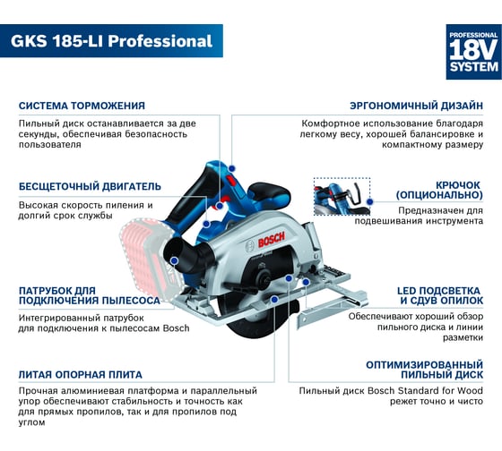 Аккумуляторная циркулярная пила Bosch GKS 185-LI (Соло) 06016C1221