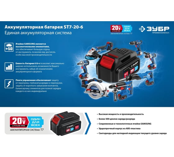 Аккумуляторная батарея ЗУБР Профессионал 20 В, li-ion, 6 Ач ST7-20-6