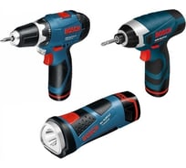Набор инструментов: аккумуляторная дрель-шуруповерт Bosch GSR 10.8-2-Li + аккумуляторный ударный винтоверт Bosch GDR 10.8-Li + аккумуляторный фонарь Bosch GLI 10.8V-Li 0.615.990.CL0