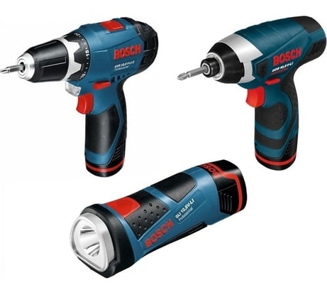 Набор инструментов: аккумуляторная дрель-шуруповерт Bosch GSR 10.8-2-Li + аккумуляторный ударный винтоверт Bosch GDR 10.8-Li + аккумуляторный фонарь Bosch GLI 10.8V-Li 0.615.990.CL0