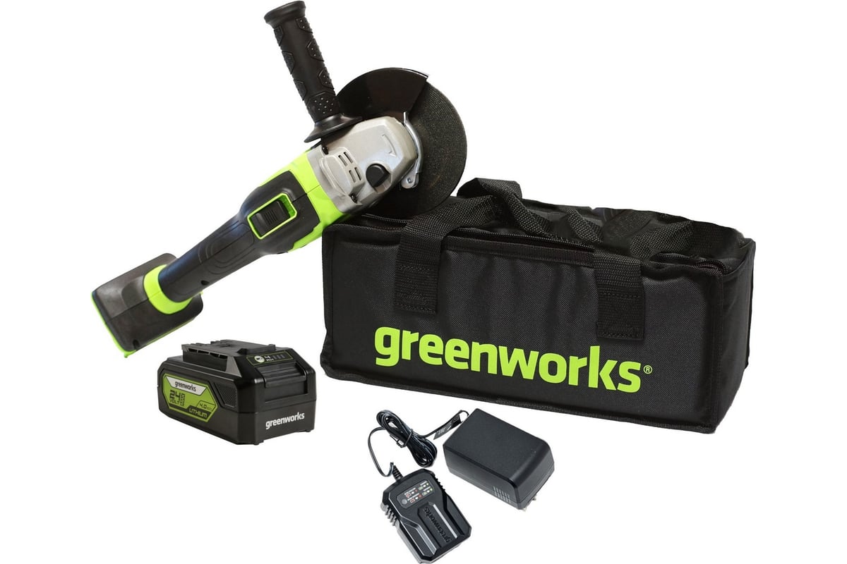 Аккумуляторная угловая шлифовальная машина Greenworks 24V, бесщеточная, c  1хАКБ 4 Ач и ЗУ в сумке 3200207UB