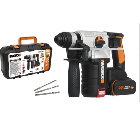 Аккумуляторный бесщеточный перфоратор WORX 20В, 4Ач x2, ЗУ 2А, кейс WX380