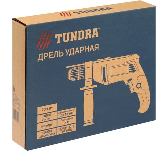 Ударная дрель ТУНДРА патрон ЗВ до 13 мм, 700 Вт, 3000 об/мин, 48000 ударов/мин 5437456