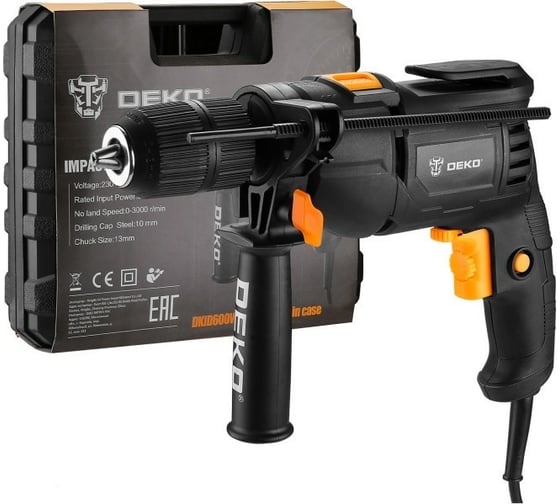 Ударная сетевая дрель DEKO DKID600W в кейсе с быстрозажимным патроном, 600 Вт, 50 Нм, 3000 об/мин, 063-4163