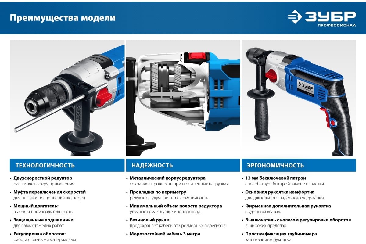 Профессионал безударная 2-х скоростная дрель ЗУБР 900 вт Д-П900-2