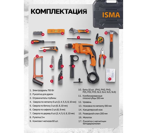 Набор инструментов с электрической дрелью ISMA 95 предметов (220v,750w,0-2900об/мин),в кейсе ISMA-1095(51106)