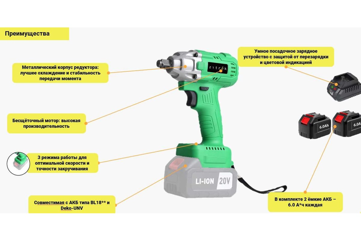 Гайковерт аккумуляторный ударный Zitrek Crusher 20-Li (20В, Li-ion 2x6.0Ач,  з/у, кейс) 063-4372