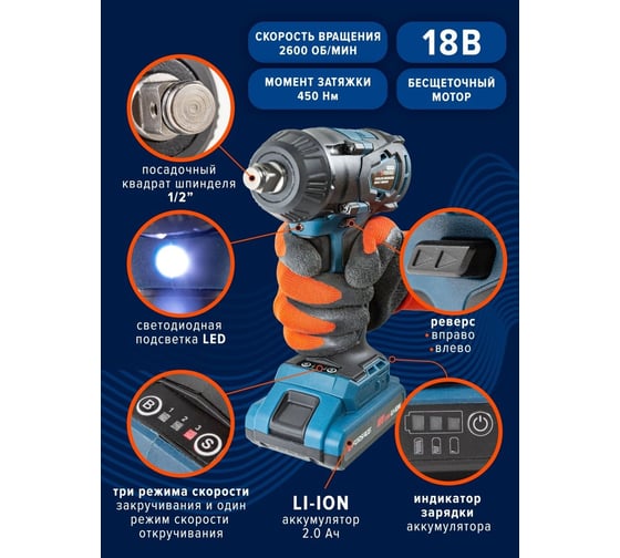 Аккумуляторный ударный гайковерт Forsage 1/2 в кейсе F-02169(14907)