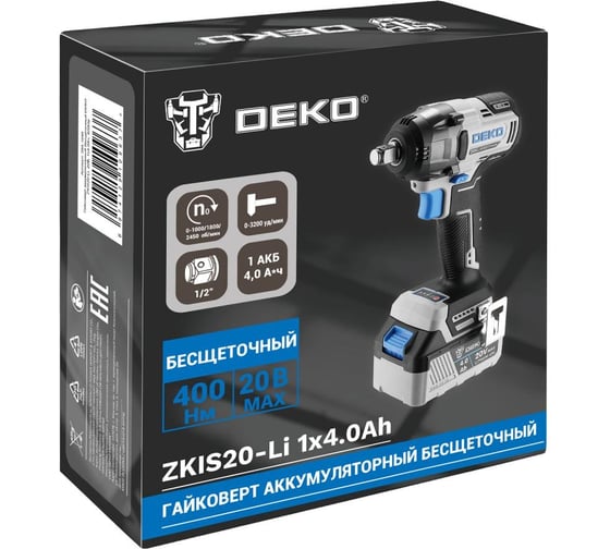 Аккумуляторный бесщеточный гайковерт DEKO ZKIS20-Li, 20 В, 1x4.0 Ач, 400 Нм 084-1046