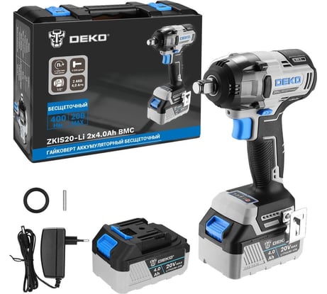 Аккумуляторный бесщеточный гайковерт DEKO ZKIS20-Li, 20 В, 2x4.0 Ач, 400 Нм, в кейсе 084-1047