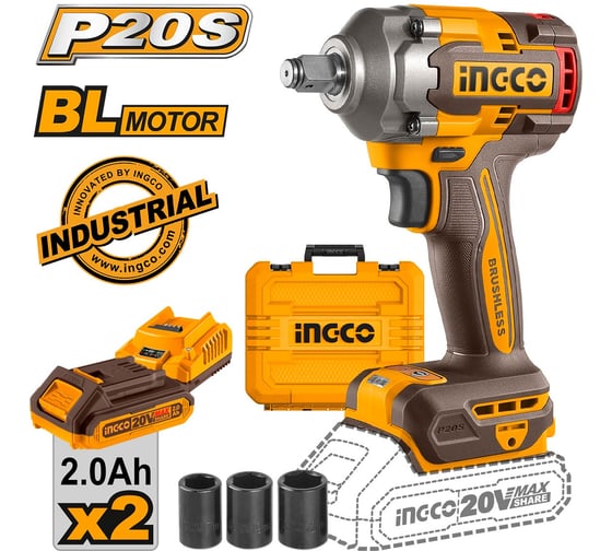 Аккумуляторный ударный гайковерт INGCO BL 20В 400Hm 1/2 SUPER INDUSTRIAL CIWLI2040