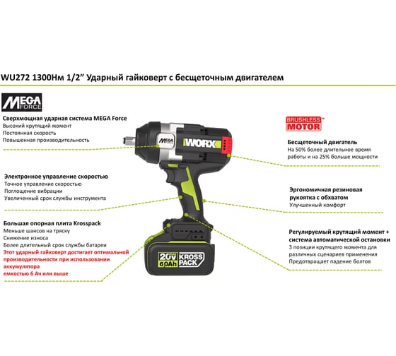 Аккумуляторный ударный гайковерт WORX Professional WU272.9