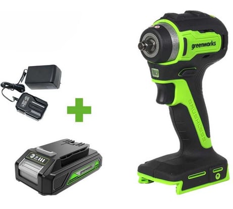 Гайковерт ударный GreenWorks G24IW200, 24V, б/щет, 0-2400об/мин, 3200уд/мин, 3/8'', 200Нм, 1x2Ач, ЗУ, коробка 3803607VUA