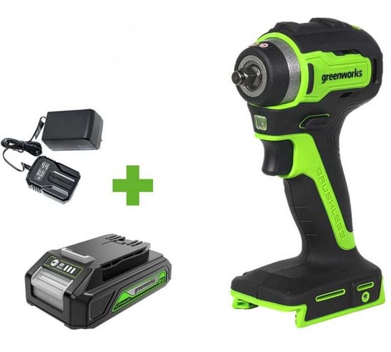 Гайковерт ударный GreenWorks G24IW200, 24V, б/щет, 0-2400об/мин, 3200уд/мин, 3/8'', 200Нм, 1x2Ач, ЗУ, коробка 3803607VUA