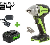 Гайковерт ударный GreenWorks GD24IW400, 24V, б/щет, 0-2800об/мин, 4000уд/мин, 1/2'', 400Нм, 1x4Ач, ЗУ, коробка 3802907VUB