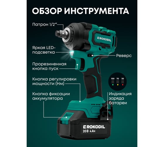 Гайковерт аккумуляторный ударный бесщеточный Rokodil Titan, 350 Нм, 20 В, 2 АКБ (2 Ач и 4 Ач), ударные головки 1/2 в наборе 1050002