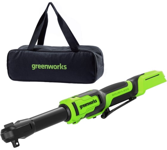 Гайковерт-трещотка аккумуляторный GreenWorks GD24RWX удлиненная, 24В, б/щет, 0-250 об/мин, 1/2DR, 80Нм, 170 мм, без АКБ и ЗУ, сумка 3804207 1