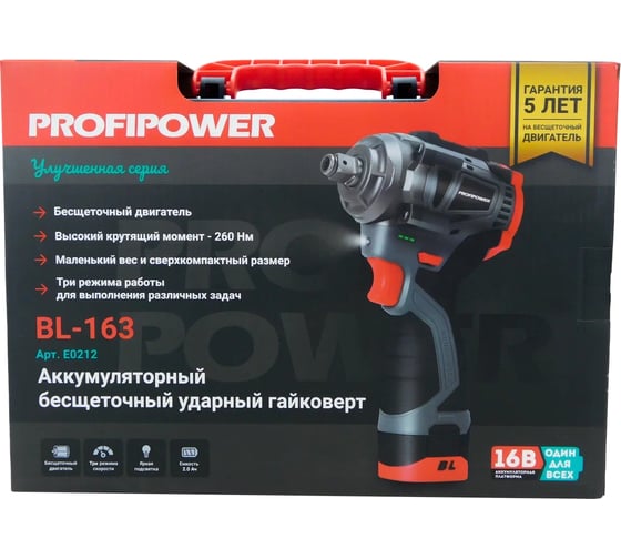 Аккумуляторный бесщеточный ударный гайковерт Profipower BL-163 (16В, 260Нм, Li-ion 2шт, 2.0Ач, ударные головки 17,19,21, З/У,в кейсе) E0212