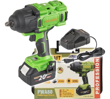 Гайковерт аккумуляторный PROCRAFT 20В 1600Нм 1/2 (АКБ + ЗУ) Кейс PWA80