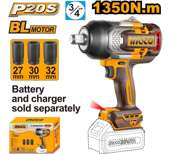 Аккумуляторный ударный гайковерт INGCO 1350 Нм, 3/4, 20В б/щ INDUSTRIA CIWLI201351