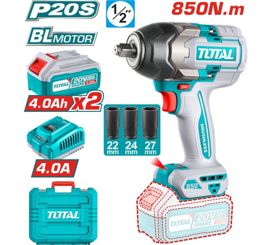 Аккумуляторный ударный гайковерт 1/2” 850Нм TOTAL TIWLI2085