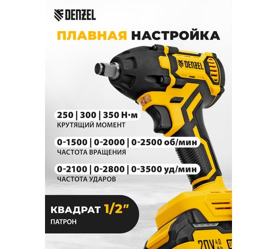 Гайковерт ударный аккумуляторный бесщет. Denzel CIWH-BL-20-350, Li-Ion, 20 В 26520