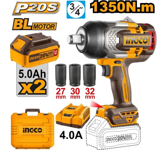 Аккумуляторный гайковерт INDUSTRIAL INGCO BL 20В 1350Hm 3/4, 2хАКБ и ЗУ CIWLI20135
