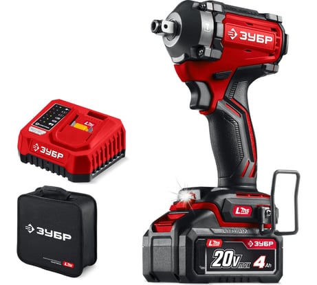 Бесщеточный ударный гайковерт ЗУБР 20 В, 350 Н·м, 1 АКБ LMS (4 А·ч), сумка ГБУ-350-41