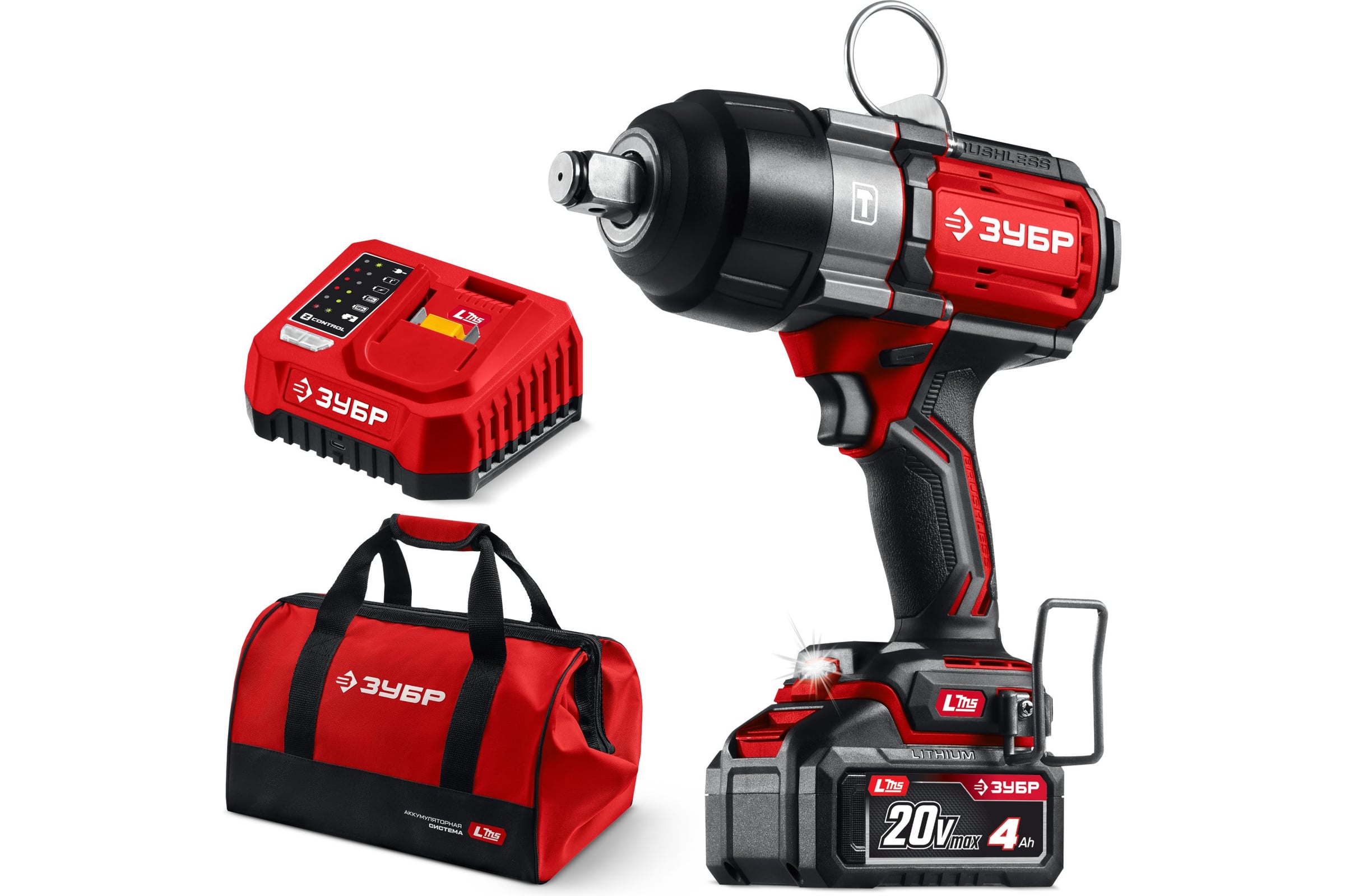Бесщеточныйударныйгайковерт,сумкаЗУБР20В,1000Н·м,1АКБLMS(4А·ч)ГБУ-1000-41