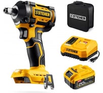 Бесщеточный ударный гайковерт STEHER 20 В, 350 Н·м, 1 АКБ LMS (4 А·ч), сумка CWB-350-41