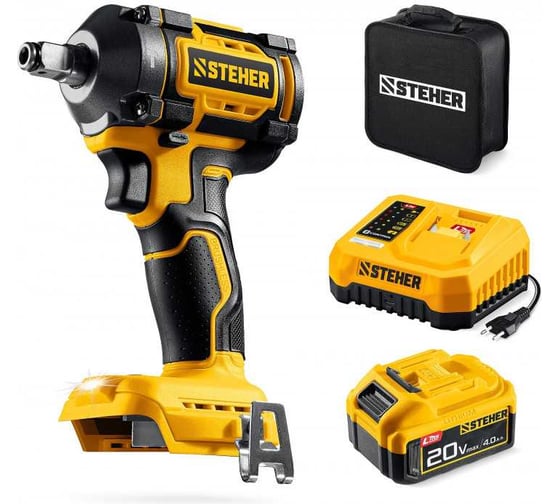 Бесщеточный ударный гайковерт STEHER 20 В, 350 Н·м, 1 АКБ LMS (4 А·ч), сумка CWB-350-41 1