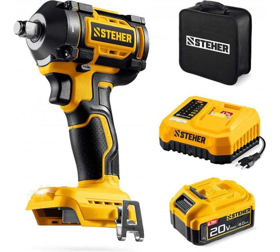 Бесщеточный ударный гайковерт STEHER 20 В, 500 Н·м, 1 АКБ LMS (4 А·ч), сумка CWB-500-41 1